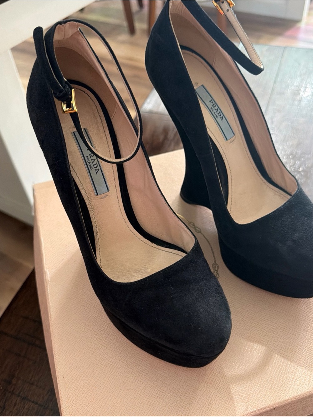 Prada Black Suede Platform Ankle-Strap Pumps